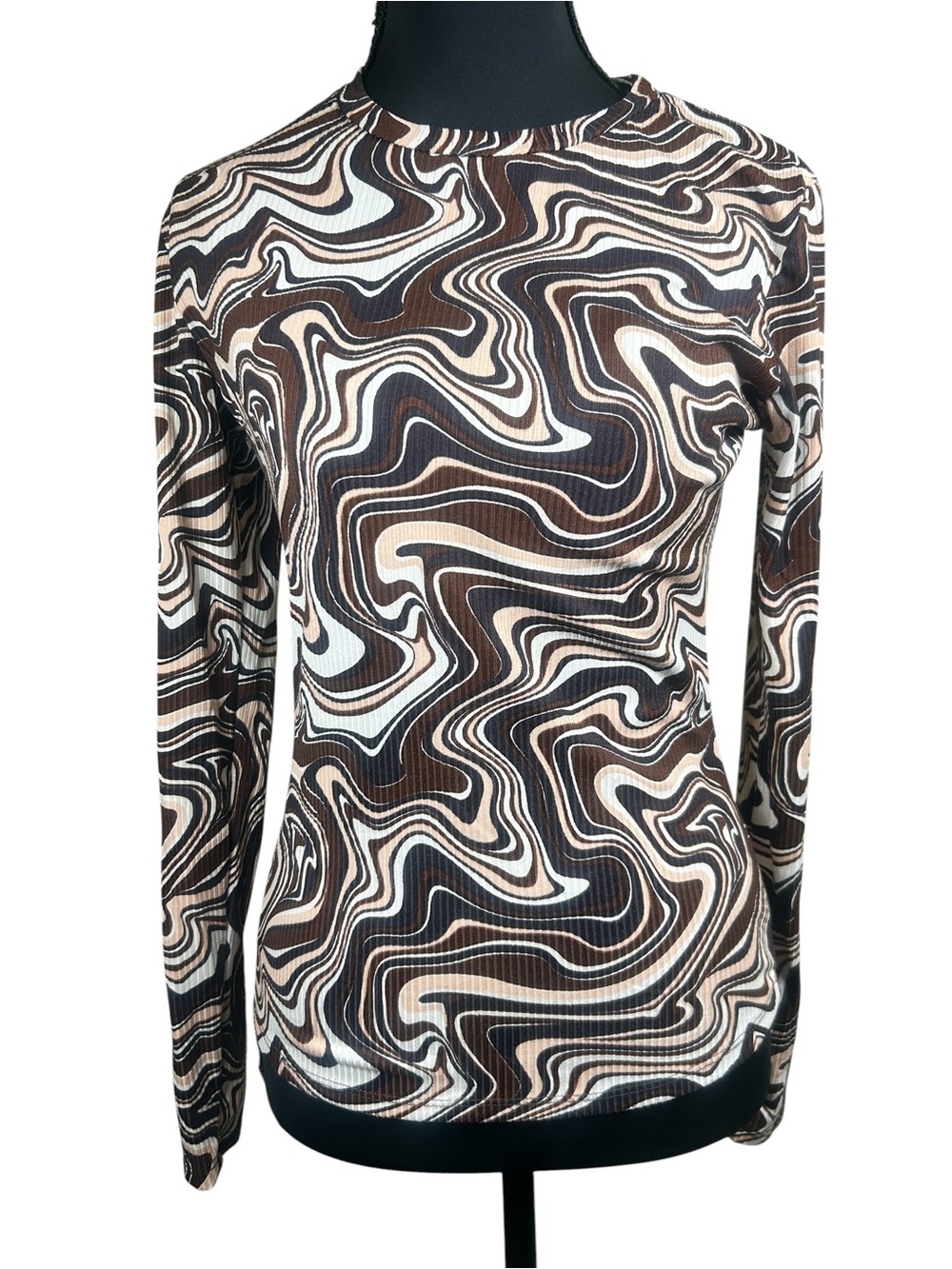 Yummy Soft Ribbed Swirl Print Long Sleeve Top Brown M